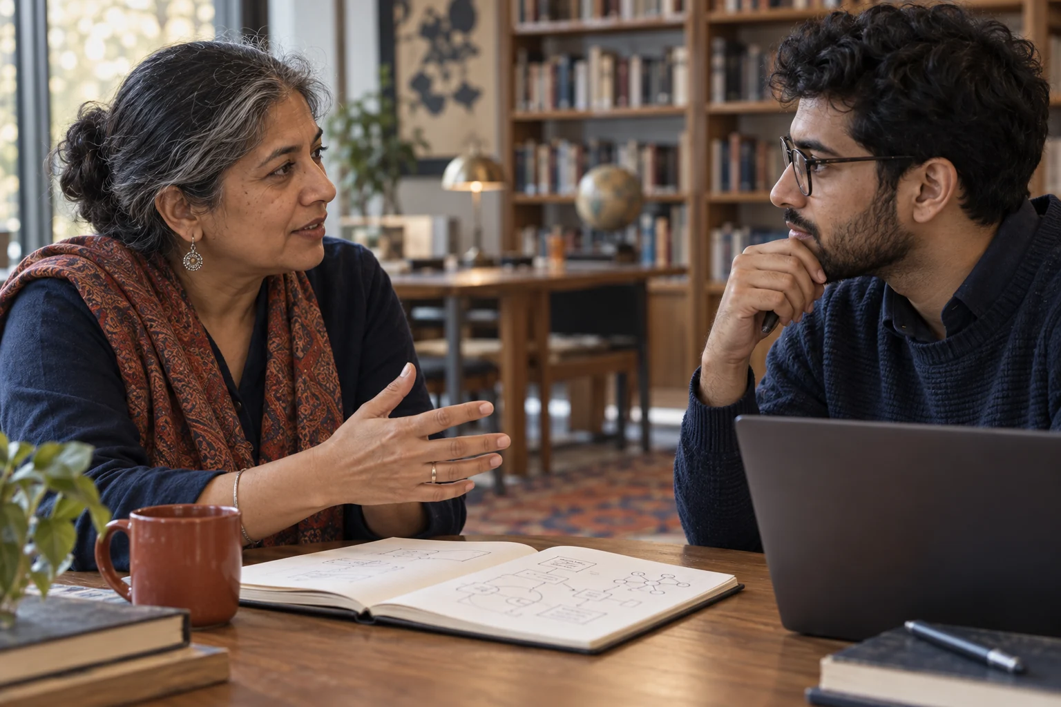 Illustrative education specialist and software architect exchanging perspectives