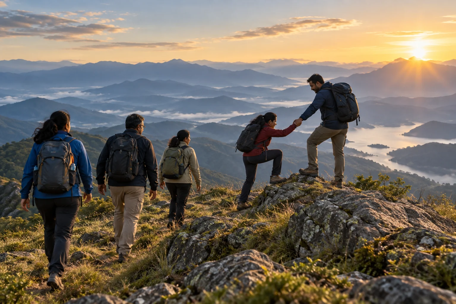 Illustrative scene of colleagues helping one another on a mountain trail